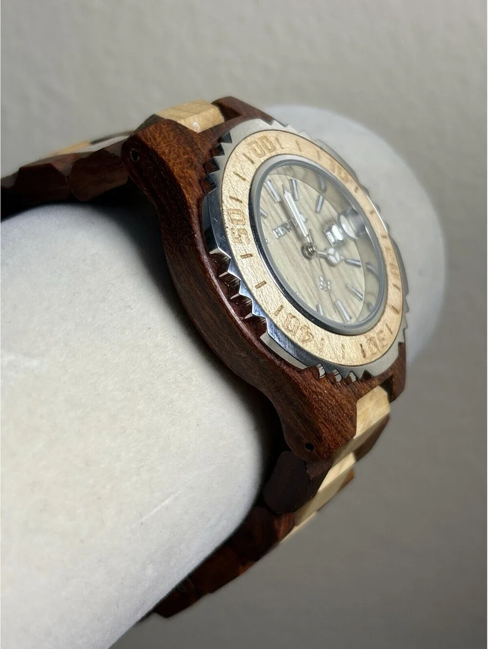 BEWELL Wooden Watch Date Quartz Two-Tone Wood Band 38mm